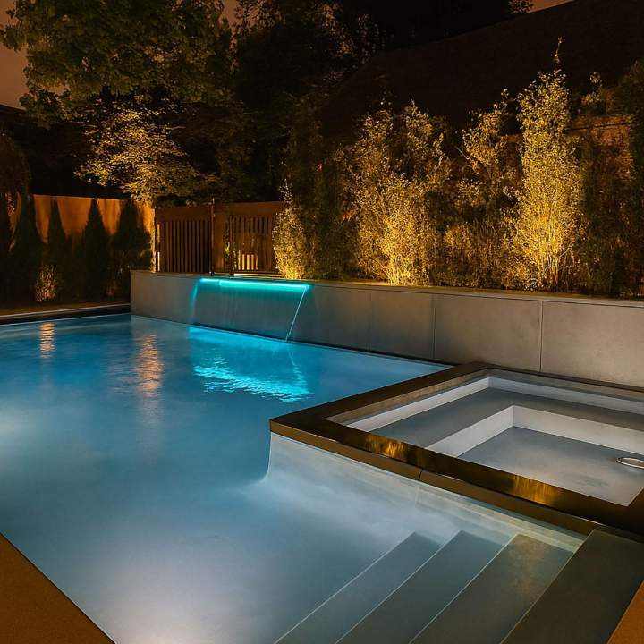 Nighttime View of a Luxurious Backyard with a Swimming Pool, Integrated Spa, Oshawa 