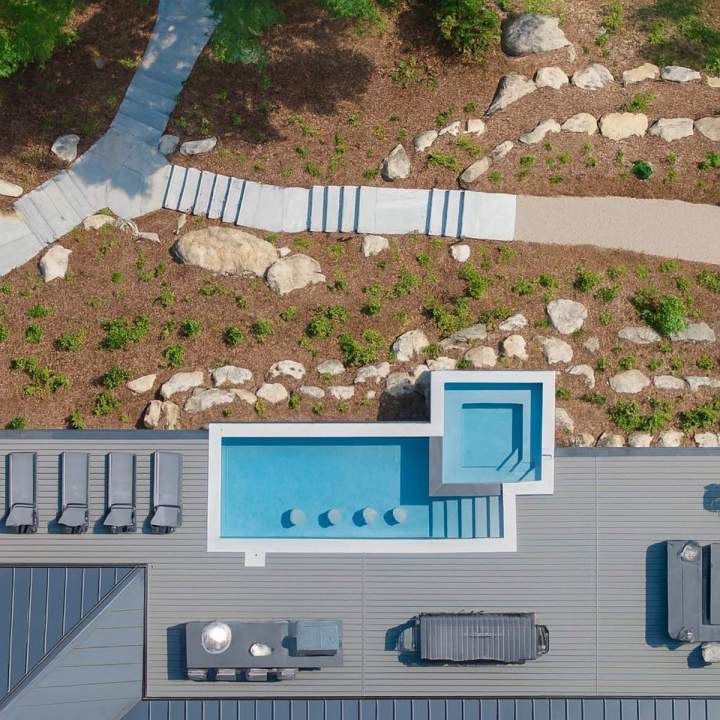 High-angle Shot Showcasing a Contemporary Outdoor Living Space with Pool, Hot Tub and Patio, Oshawa